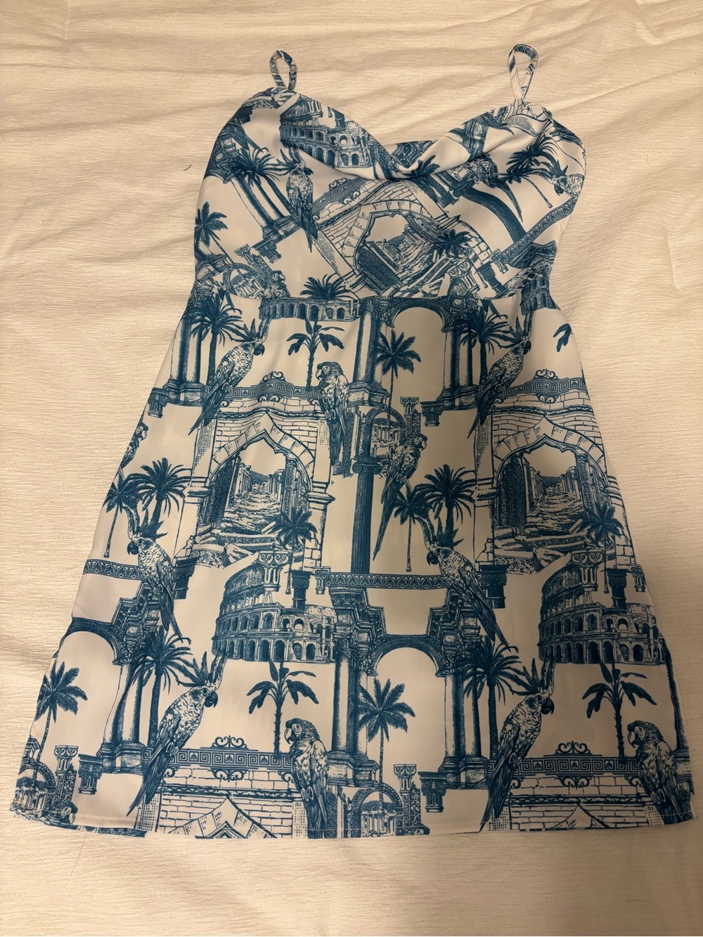 Forever 21 White Mini Dress with Blue Scenic Print
